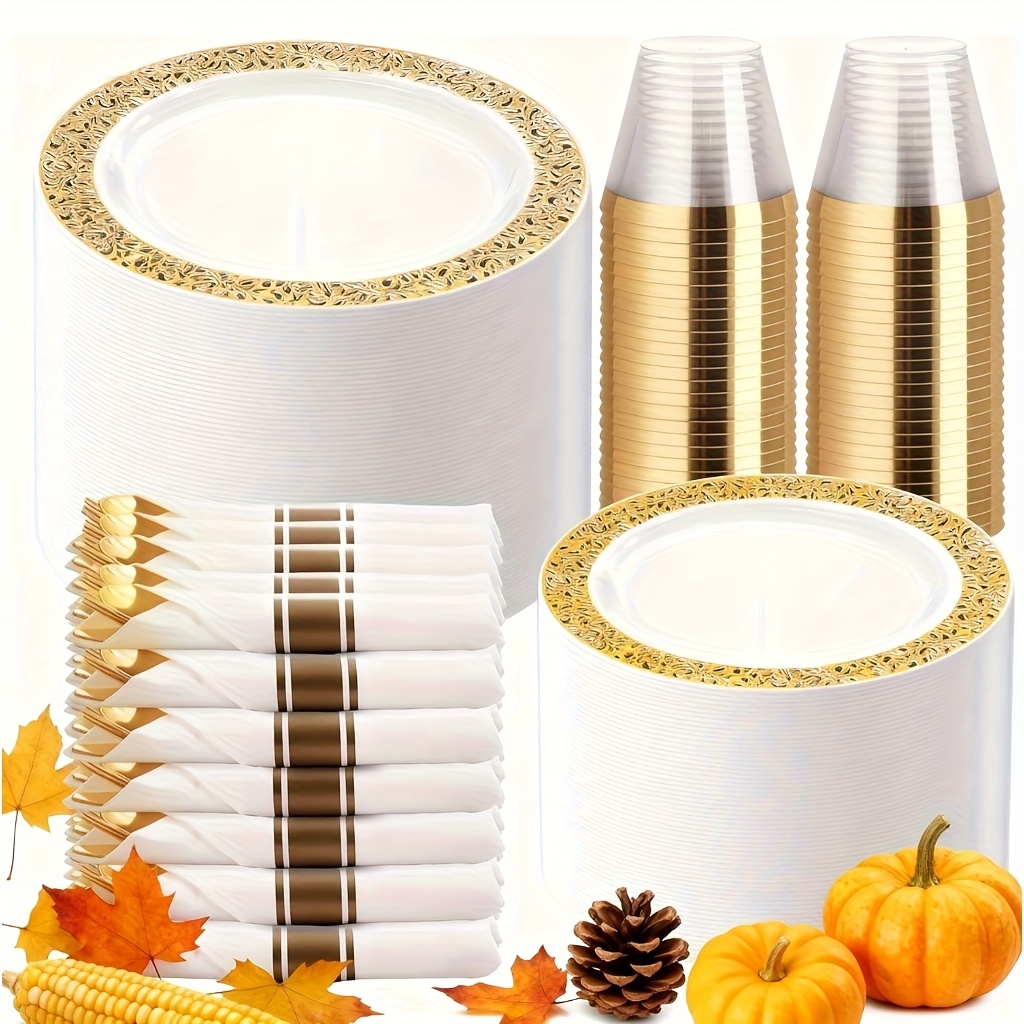 TEMU Service de vaisselle doré de 350 pièces pour 50 invités, assiettes à dentelle pour fête, comprend : 50 assiettes de fête dorées, 50 assiettes à