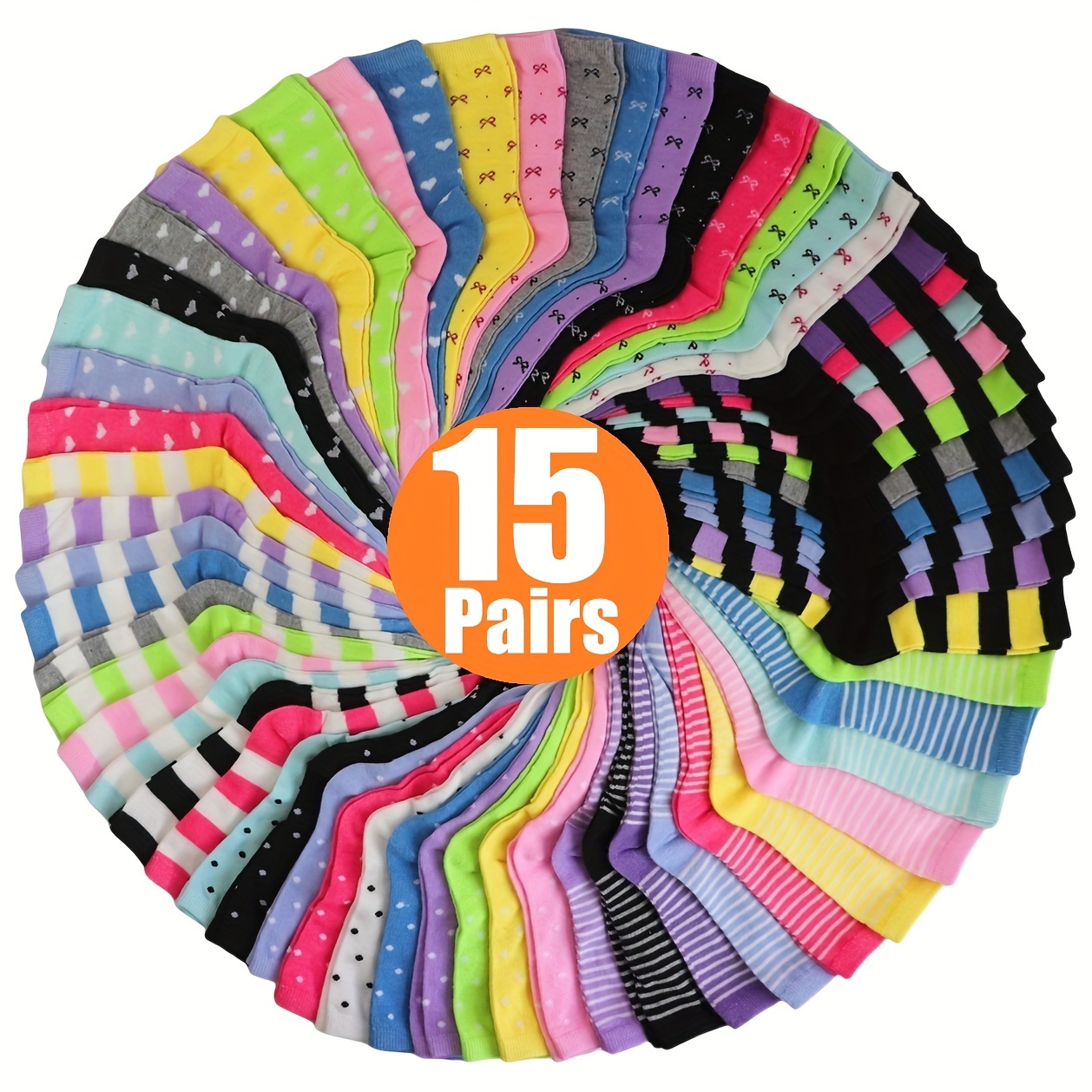 

15 Pairs Teen Knee-high Socks - Polyester & Spandex , Comfortable Breathable Candy-colored Heart & Striped Pattern, Hand Wash Only, Knit Fabric For Fall/winter, Applicable For 14+