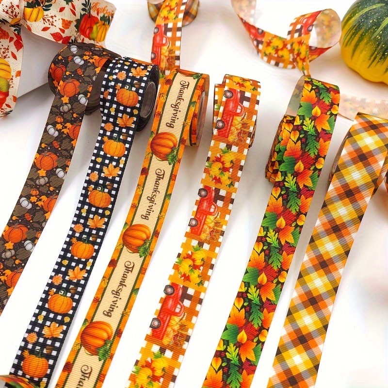 

6-piece Autumn Harvest Ribbon Set - 5 Yards Each, 2.5cm Wide, Thanksgiving Pumpkin & Maple Leaf Print, Polyester Satin For Diy Crafts, Gift Wrapping, Hair Bows & Party Decor