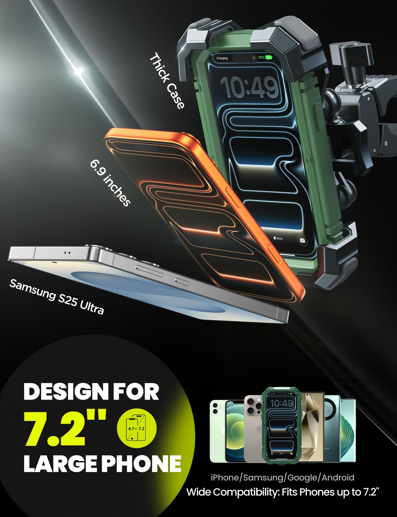 Motorcycle Phone Mount Holder -[Dual Vibration Dampener] [18.29cm Big Phone Friendly] Bike Phone Holder Mount Motorcycle Additions Bicycle Handlebar Phone Mount for Iphone, Galaxy All Cell Phones, Without Battery