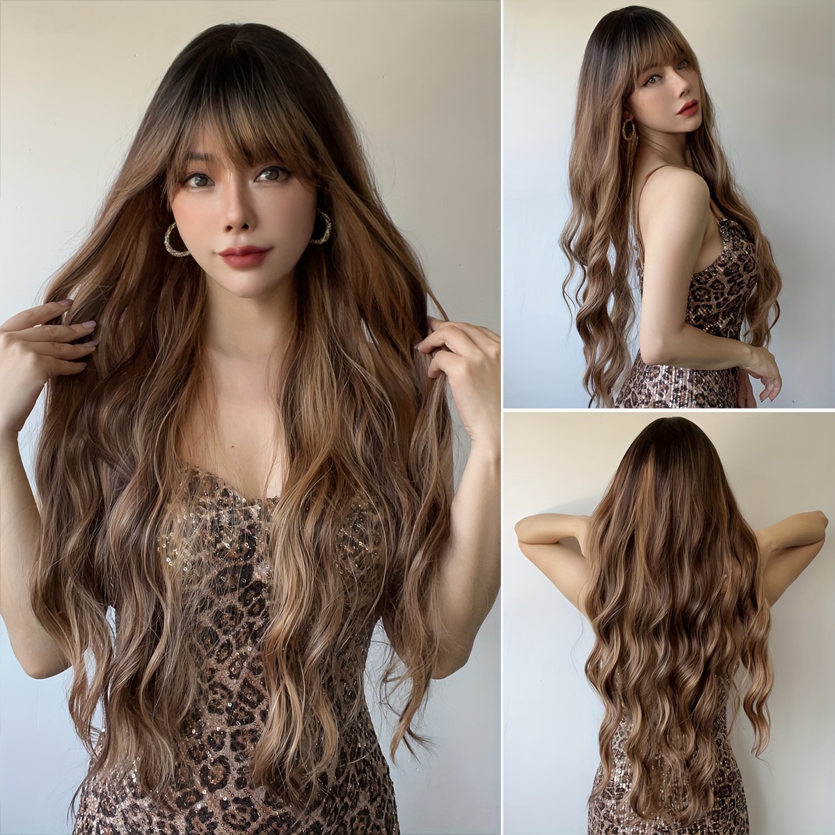 

Smilco 30 Inch Coffee Color Highlight Dyed Women's Bangs Curly Wig, Daily Party Use Synthetic Heat-resistant Fiber Wig