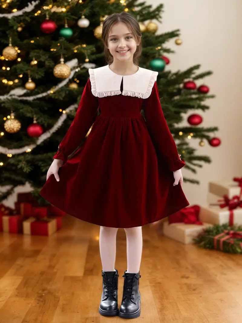 A Sweet And Casual Christmas Party Dress for Girls, Featuring a Collar *-Length, Long Sleeves, And a Stylish, Easy Design, Suitable for Halloween A Sweet And Casual Christmas Party Dress for Girls, Featuring a Collar *-Length, Long Sleeves, And a Stylish, Easy Design, Suitable for Halloween