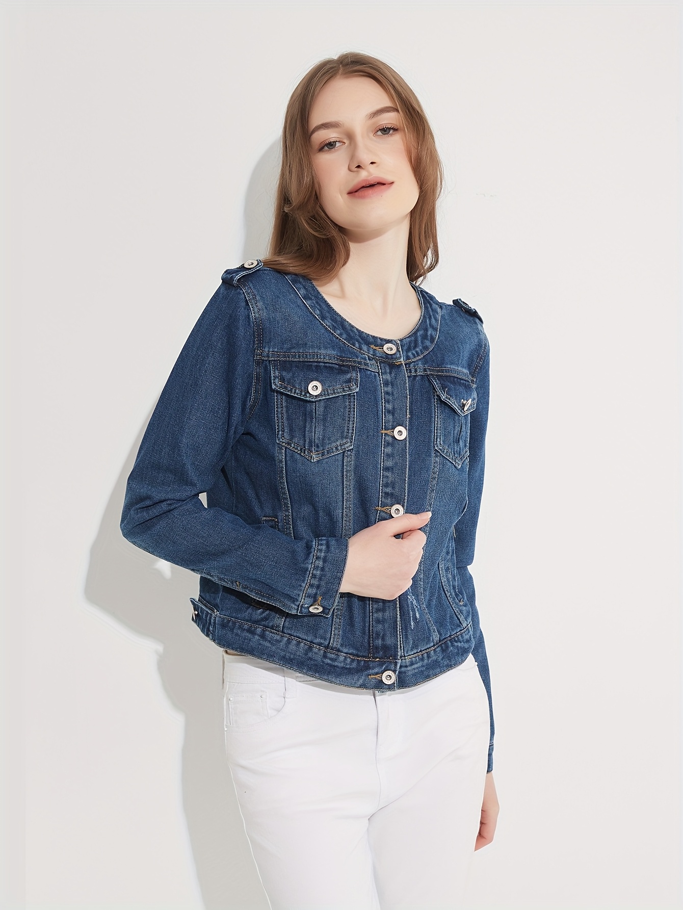 Women's Casual Denim Jacket Short Length Single-Breasted Button Front  with Chest Pockets, Round Neck Long Sleeve H-Silhouette Regular Fit for