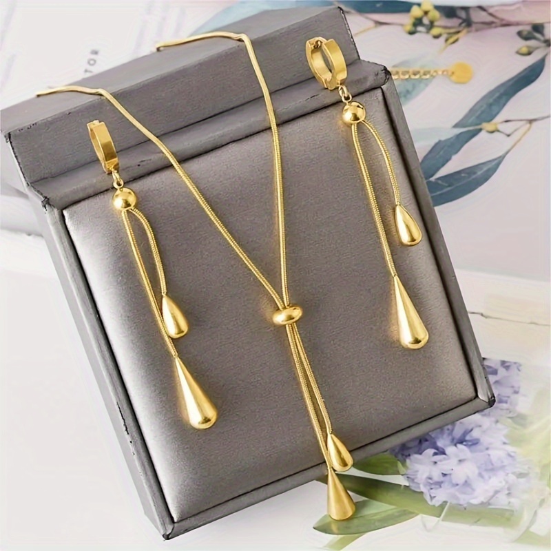 

3pcs Simple Vintage Pull Out Teardrop French Stainless Steel Golden Women's Ear Clip Necklace Set Birthday Party Party