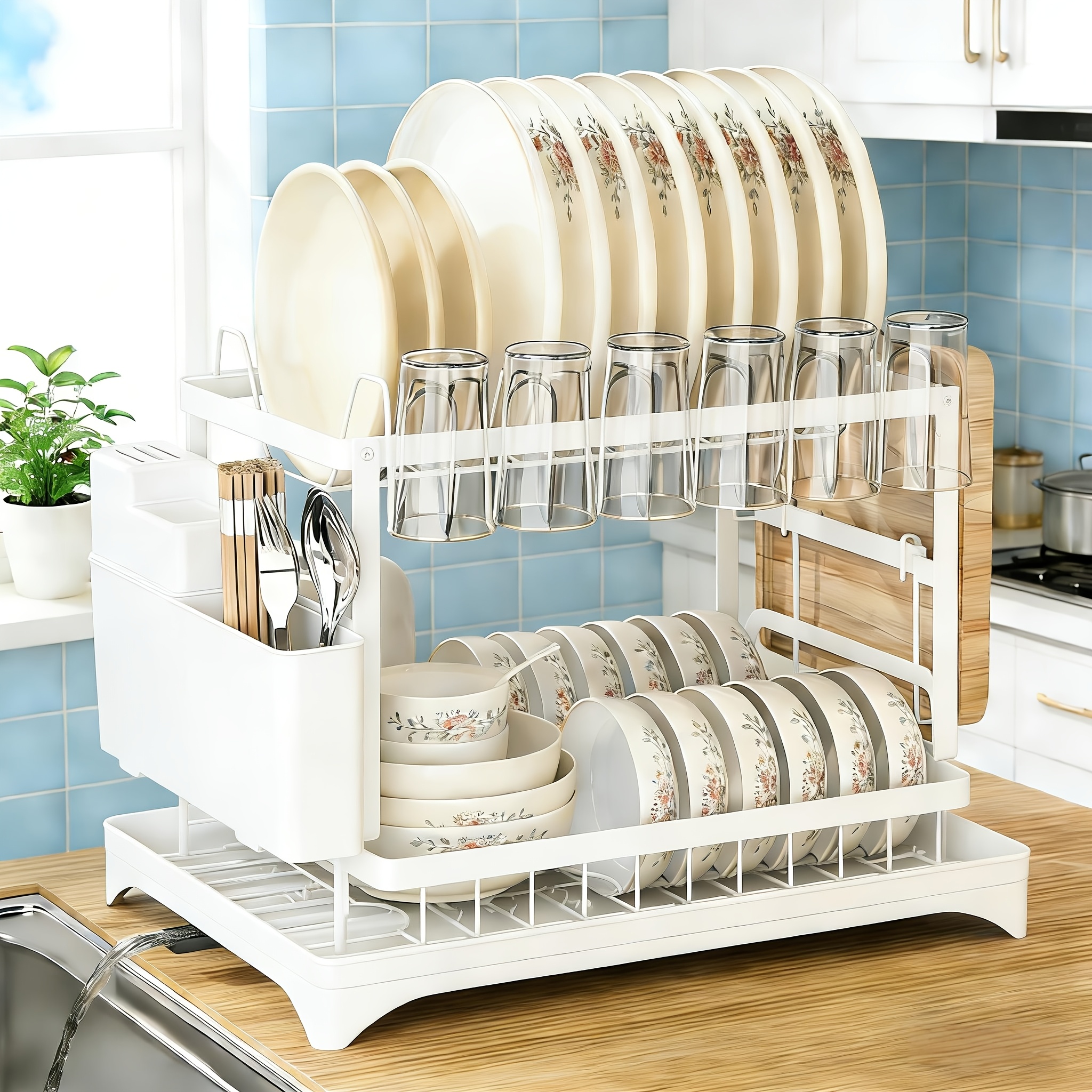 2-tier Dish Drying Rack With Utensil Holder, And Spout, For Dishes, Cups And Cutting Boards, Space Kitchen Organizer (black, White)