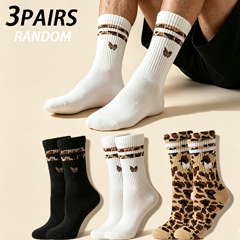 TEMU 3 Pairs Random Men's/women's Mid-tube Sports Socks, Suitable For Daily Outdoor Casual Wear, Fashionable Leopard Print Sports Socks, Trendy