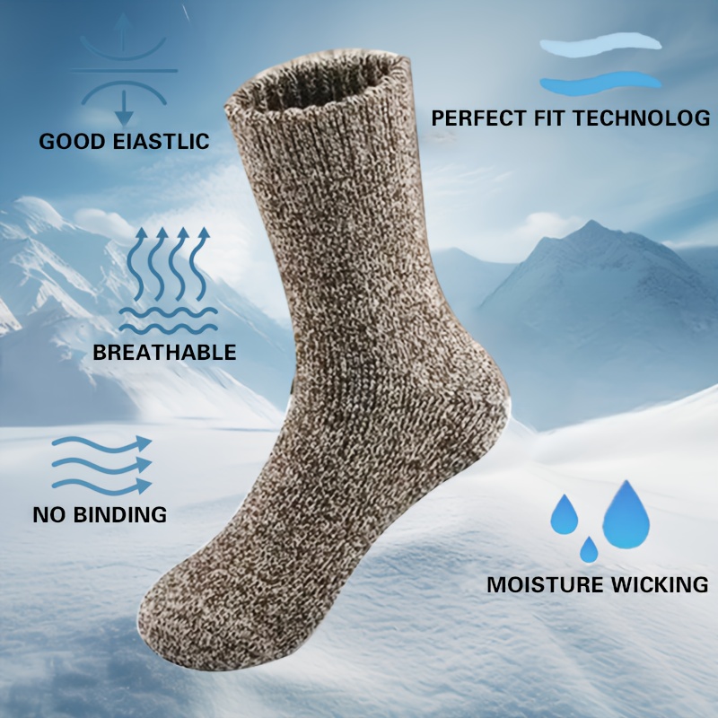 3 Pairs Men's Winter Warm Socks, Thick Towel Mid-Calf Socks, Anti-Cold Snow Boots Socks, Size 39-44, Polyester Blend, Elastic, Solid Color, Hand Wash or Dry Clean, Knitted Fabric