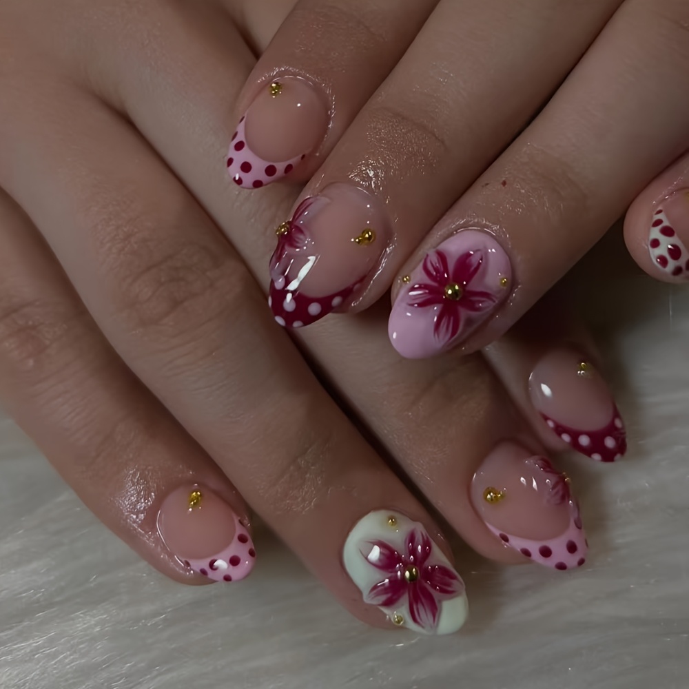 TEMU 24pcs Short Oval Press-on Nails, Sheer Base With Rose Pink Polka Dot French Edge And 3d Hand-, With , High Glossy Texture, . French Polka Dot
