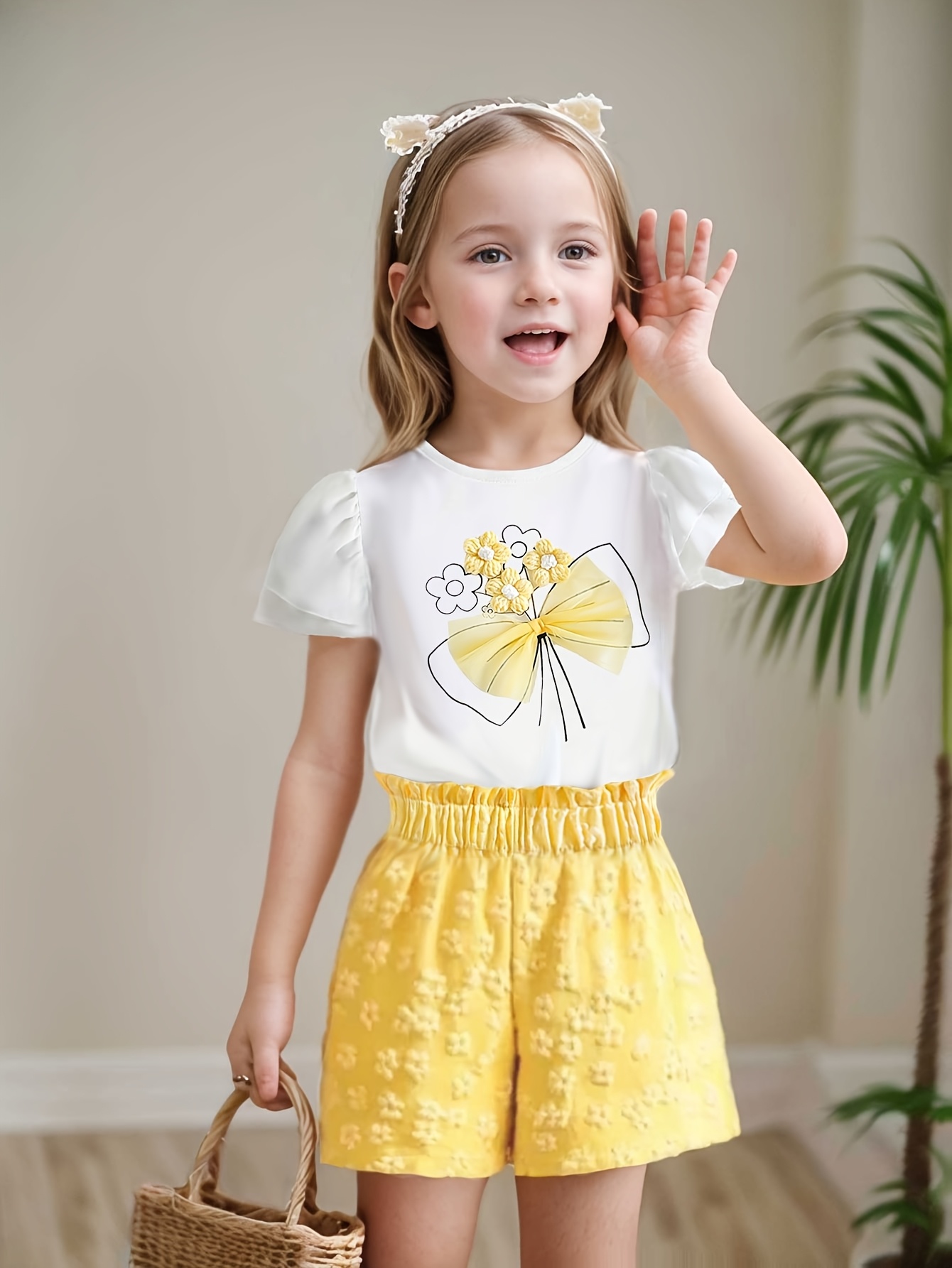 2pcs Girls' Summer Outfit Set Cute Short Sleeve Blouse-Like Top Lilac  Bow Flower Print Shorts with Elastic Waist, Lightweight Bubble, Ma