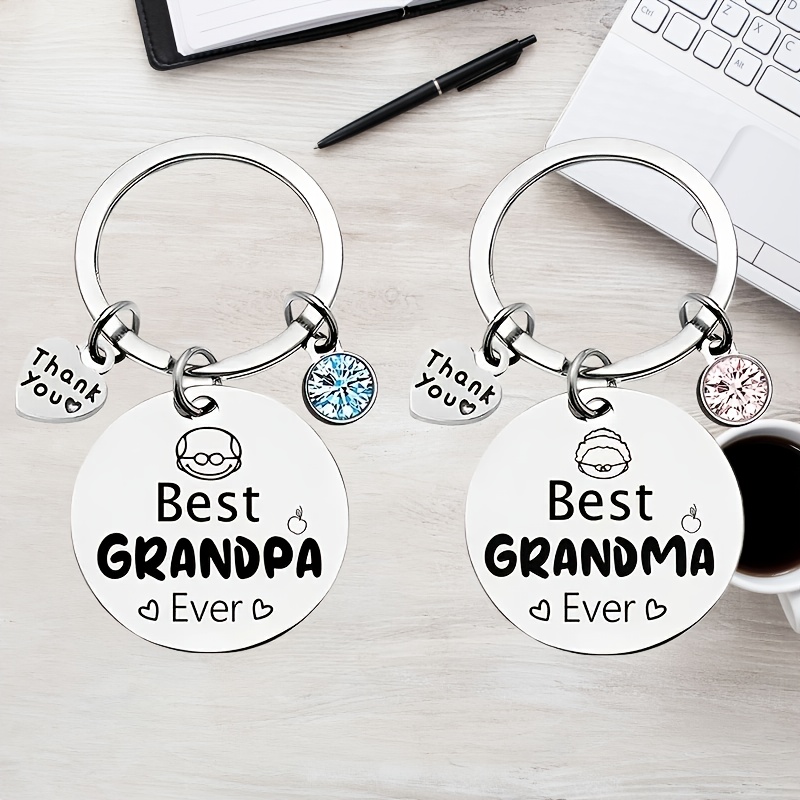 TEMU 2pcs Grandparents Gift Set Engraved Stainless Steel Keychain Pair Best Grandpa Grandma Ever Metal With Rhinestone Keychain + Heart-shaped Thank
