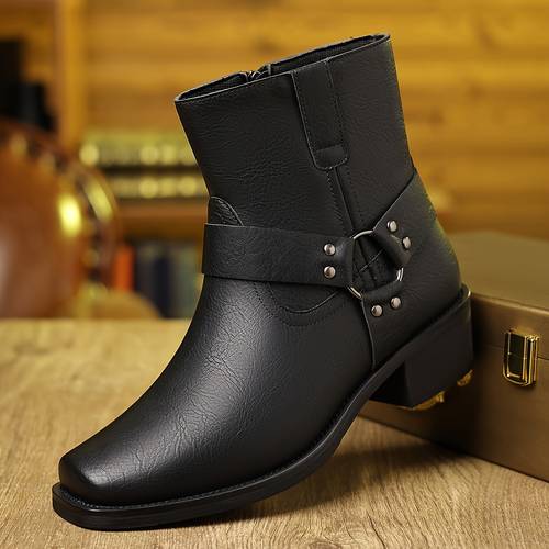 mens western style chunky sole ankle boots brown cover with metallic straps zipper pull tab comfortable rubber sole for casual formal wear formal footwear durable footwear