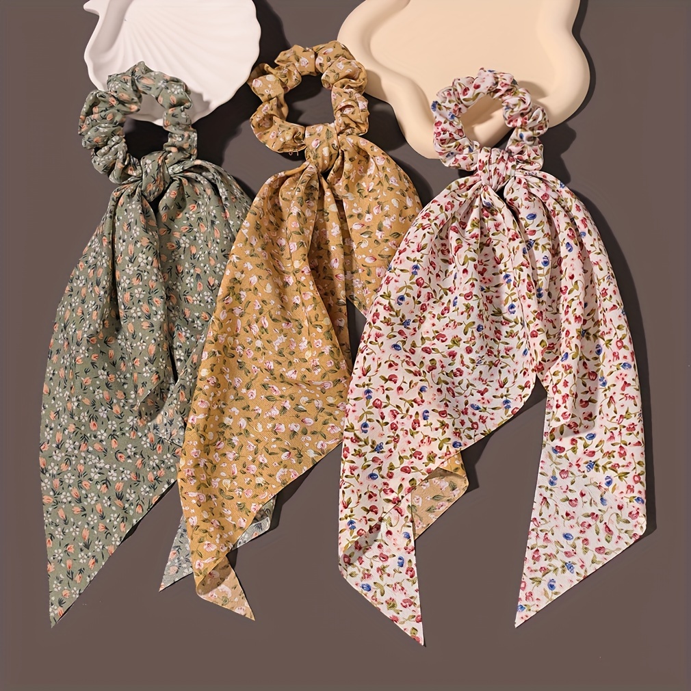 3pcs Floral Print Hair Ties Elegant Ribbon Scrunchies