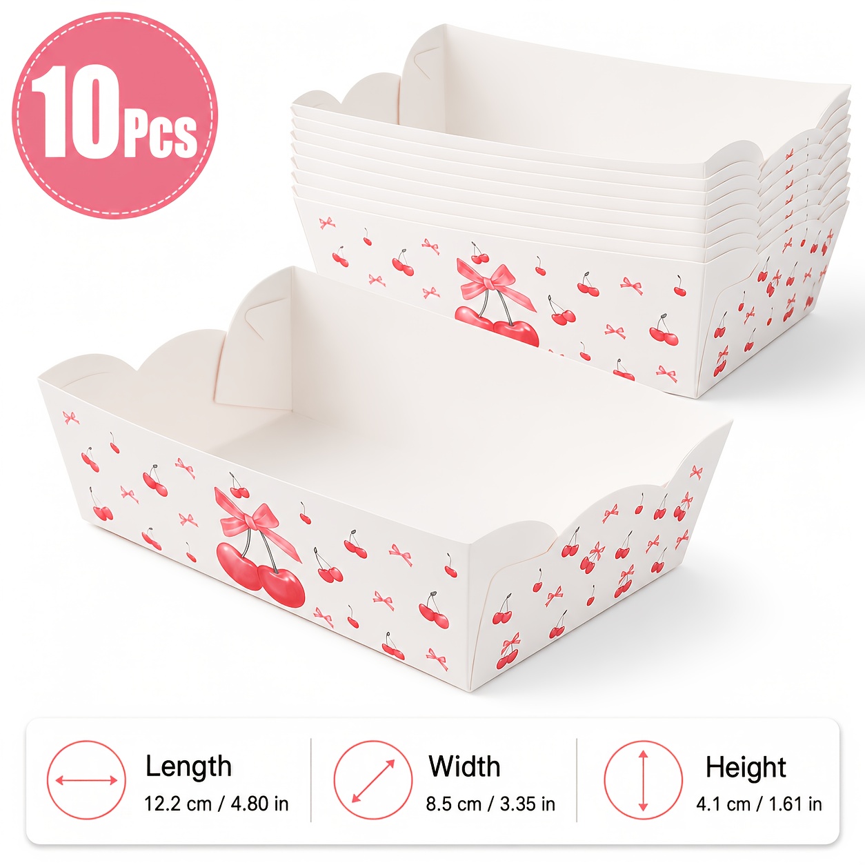 TEMU 10/22/50pcs Pink Cherry Bow Pattern Paper Food Trays, Cute Cherry-themed Snack Boxes, Dessert Serving Trays, French Fry Boxes, Snack Plates,