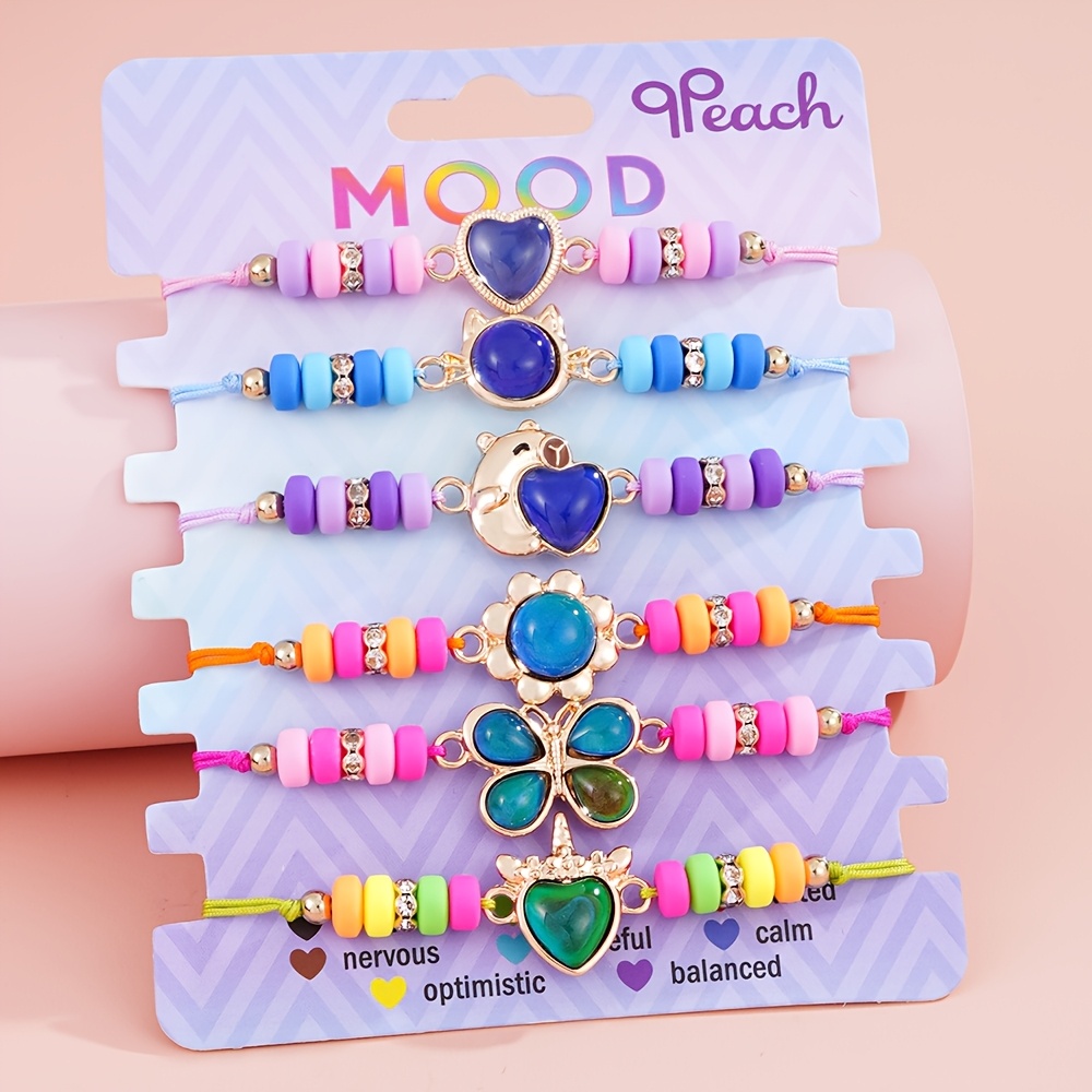 TEMU 6pcs Color Changing Pull String Bracelet Set For Girls, Capybara Cat Flower Unicorn Design, Friendship Party Favors Jewelry, Perfect Birthday