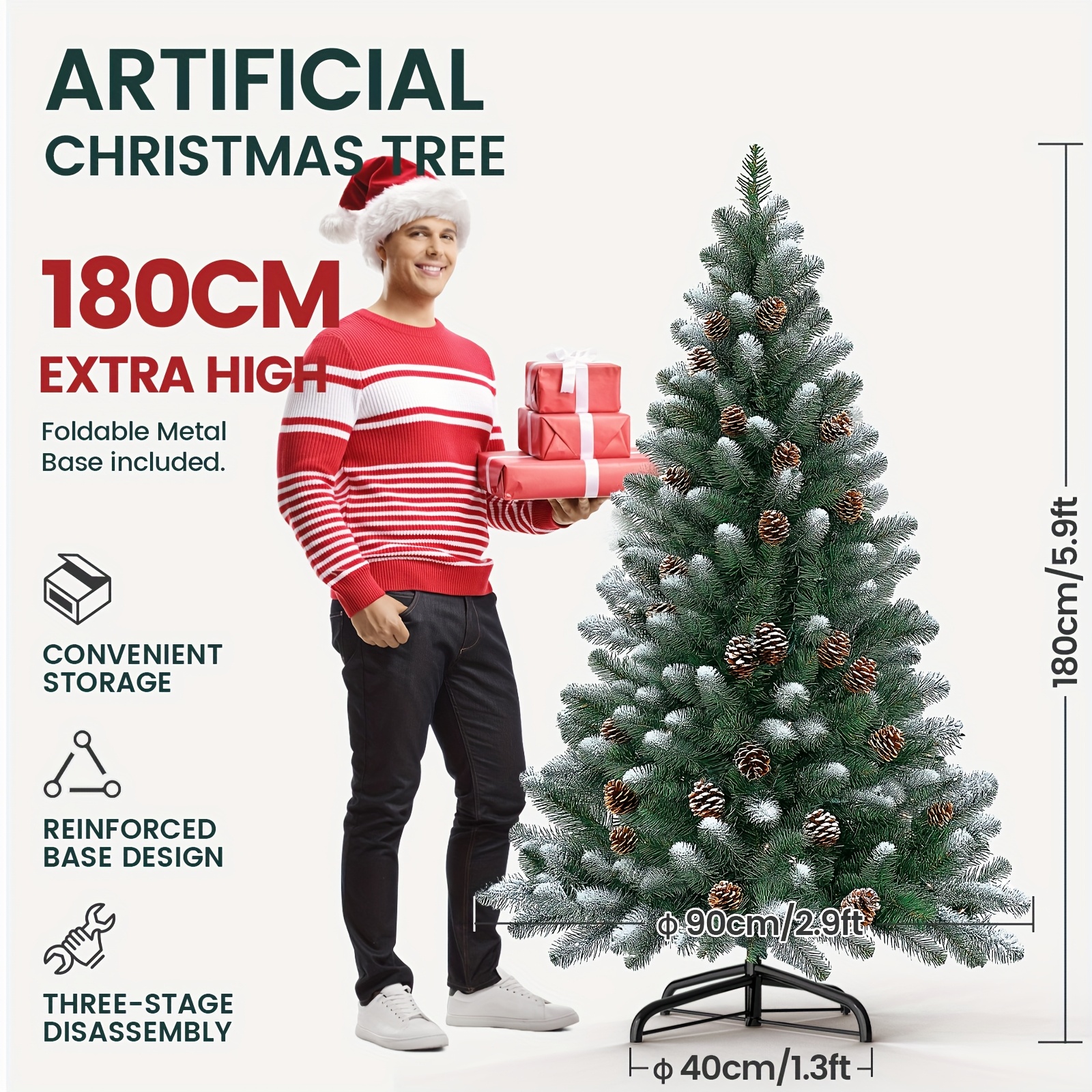 TEMU Árbol de Navidad Artificial GAMINGKNIGHT con Nieve y Piñas - 120CM-240CM - con Base Metálica, Árbol de Navidad Artificial Reutilizable con Nieve
