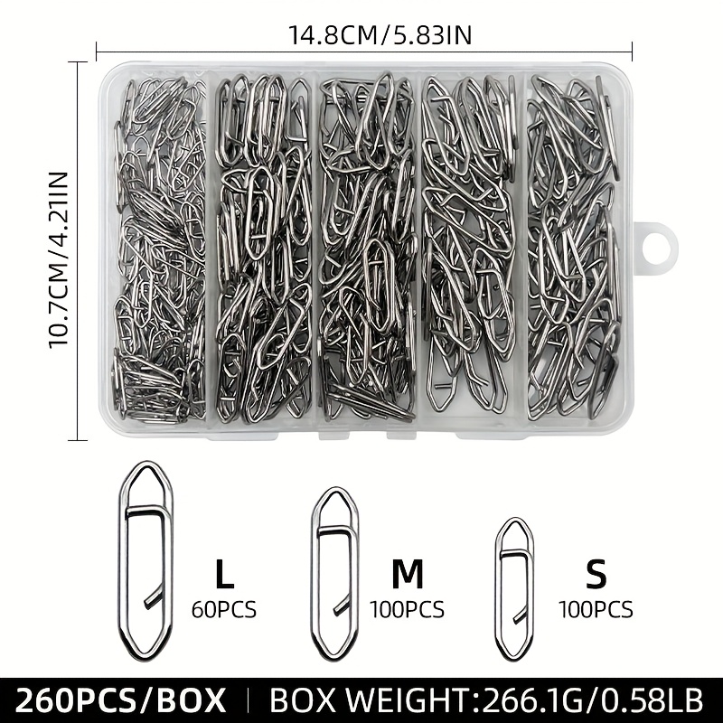 TEMU A Box Containing 260pcs Of High-strength Stainless Steel Fishing Clips Designed For Quick Of Lures, Suitable For Saltwater And Freshwater Fishing