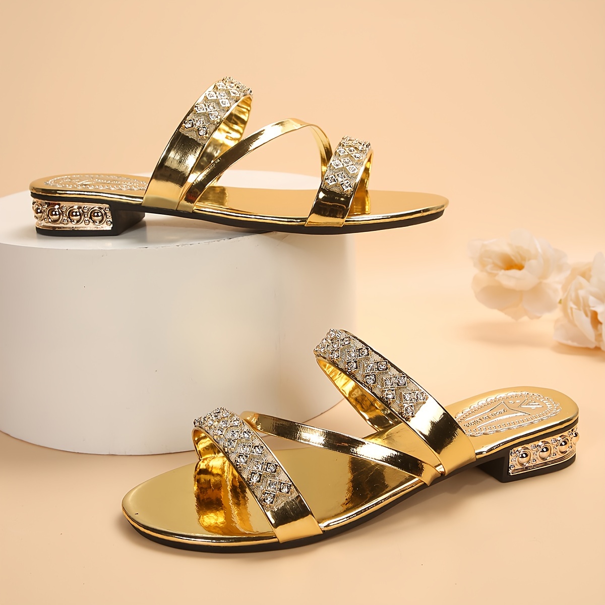 womens rhinestone decor golden slides fashionable open toe summer flat shoes casual outdoor beach slide sandals details 0