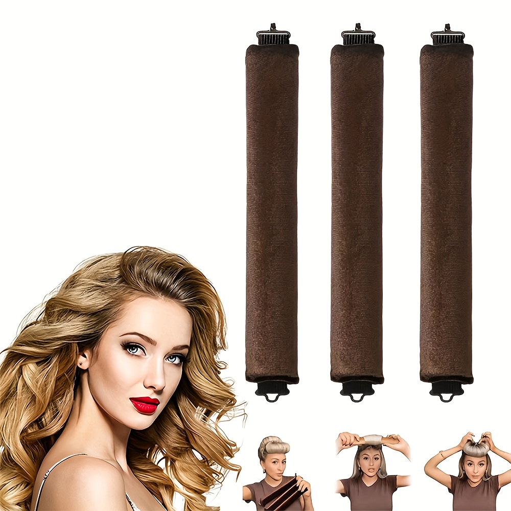 Image of 3pcs Heatless Hair Curler - Soft Flannel Inner Wire Flexible Curling Rod For Gentle Overnight Curls For Normal Hair - Durable Sleep Styling Tool With Metal Hook, In 3 Colors (brown/pink/apricot)