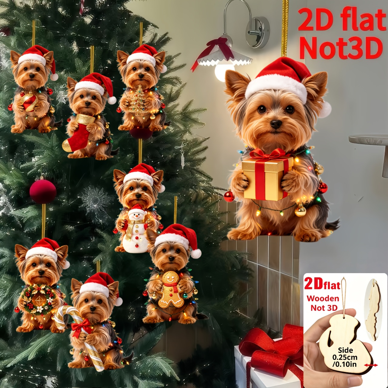 TEMU Set de 8 piezas 2D, y divertido adorno de madera en relieve 2D para el hogar, Navidad, Día de la , Día , Terrier de Yorkshire con de gorro de