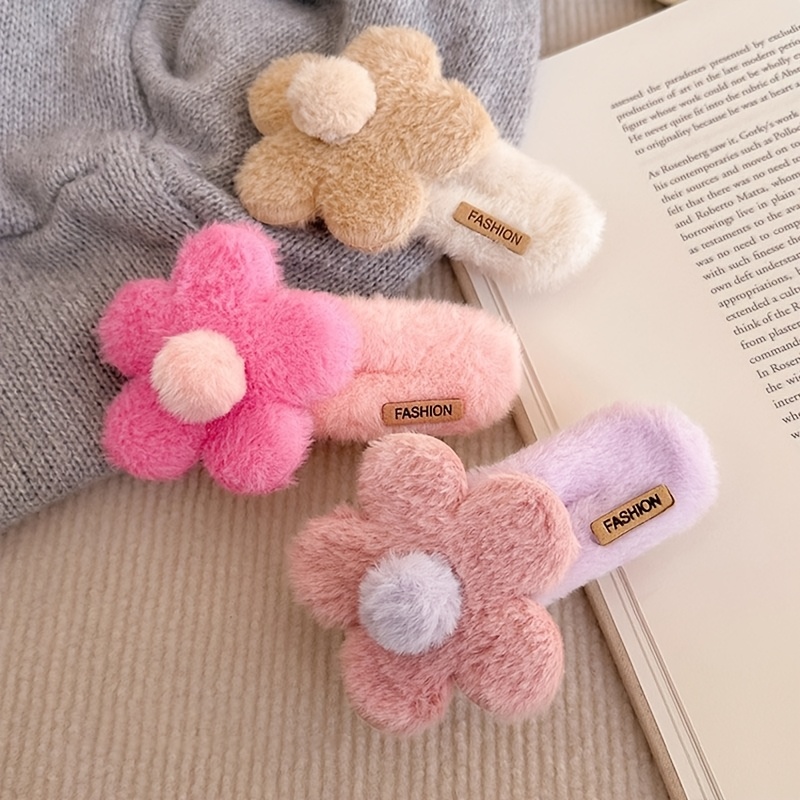 TEMU 3pcs Plush Flower Hair Claw Clips For Women, One-inch Claw Clips, Sweet Large Hair Clips For Autumn/winter, Shark Clips, Updo Side Clips