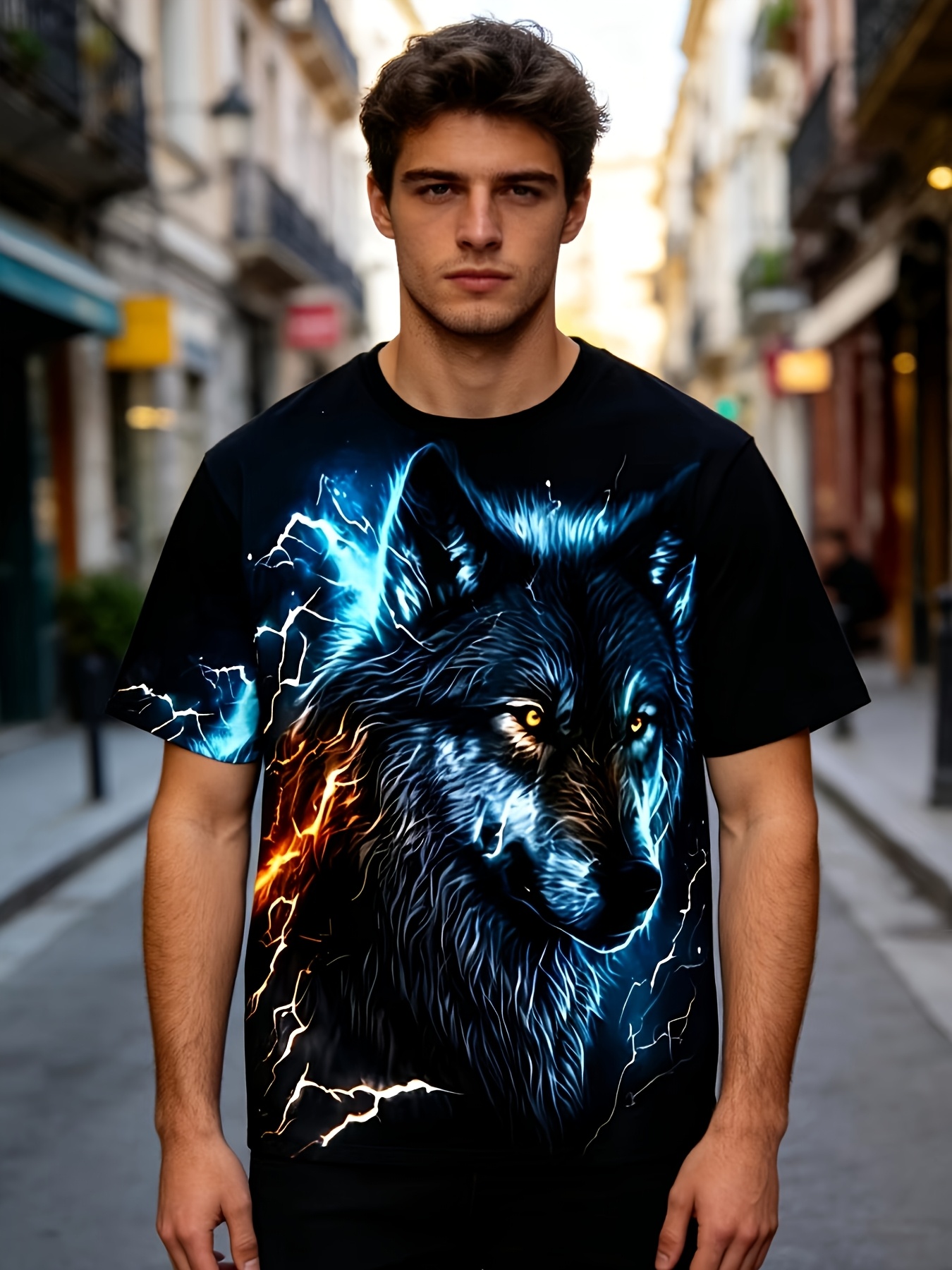 zdjęcie przedmiotu Męska koszulka z nadrukiem wilka, nadająca się do codziennego noszenia, casualowa z krótkim rękawem i okrągłym dekoltem, zmywalna w pralce, regularny krój, mieszanka materiałów do codziennych stylizacji - Niezbędnik garderoby w stylu miejskim