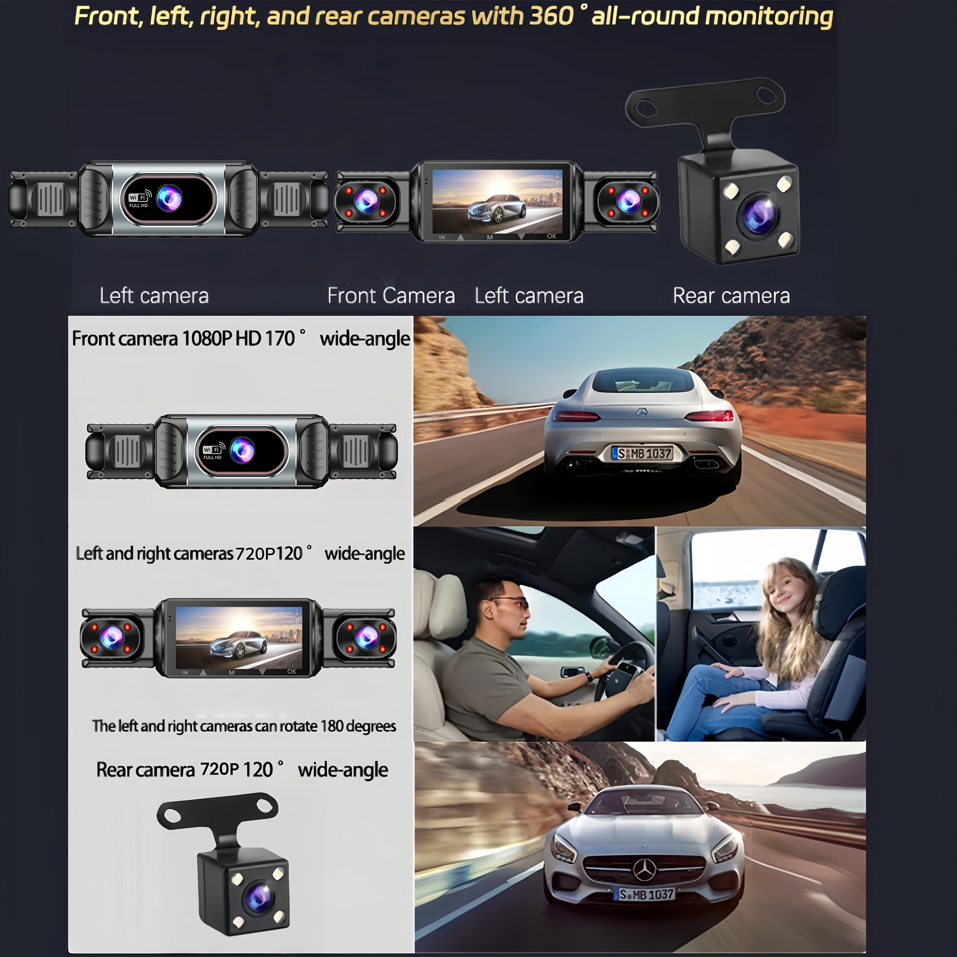 360 panoramic dash cam 1080p hd recording 3 4 channel front 1080p rear   720p 3 5     in wi fi for smartphone connection   motion detection parking surveillance and 24h loop recording Product details 5
