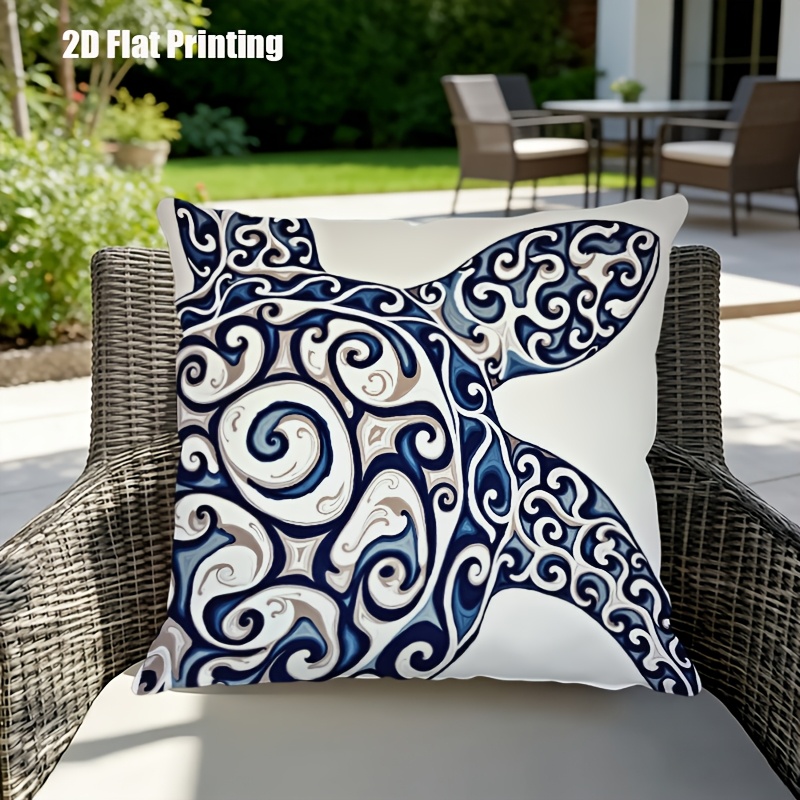 1pc Turtle Print Cushion Cover Suitable for Outdoor Indoor Use, 18x18 Inch Square Pillow Case with Zipper Closure, Blue White Gray Marine-Themed Decorative Cover for Garden Sofa Bed, Machine Washable Turtle Shell, 2D Flat