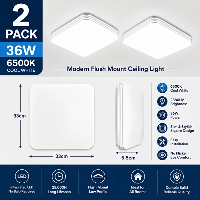 TEMU 2 Pack Led Ceiling Light 36w 6500k Cool White, Flush Mount Ceiling Lamp, Slim Profile Bedroom Room Light Fixture, Bright Indoor Ceiling Lighting