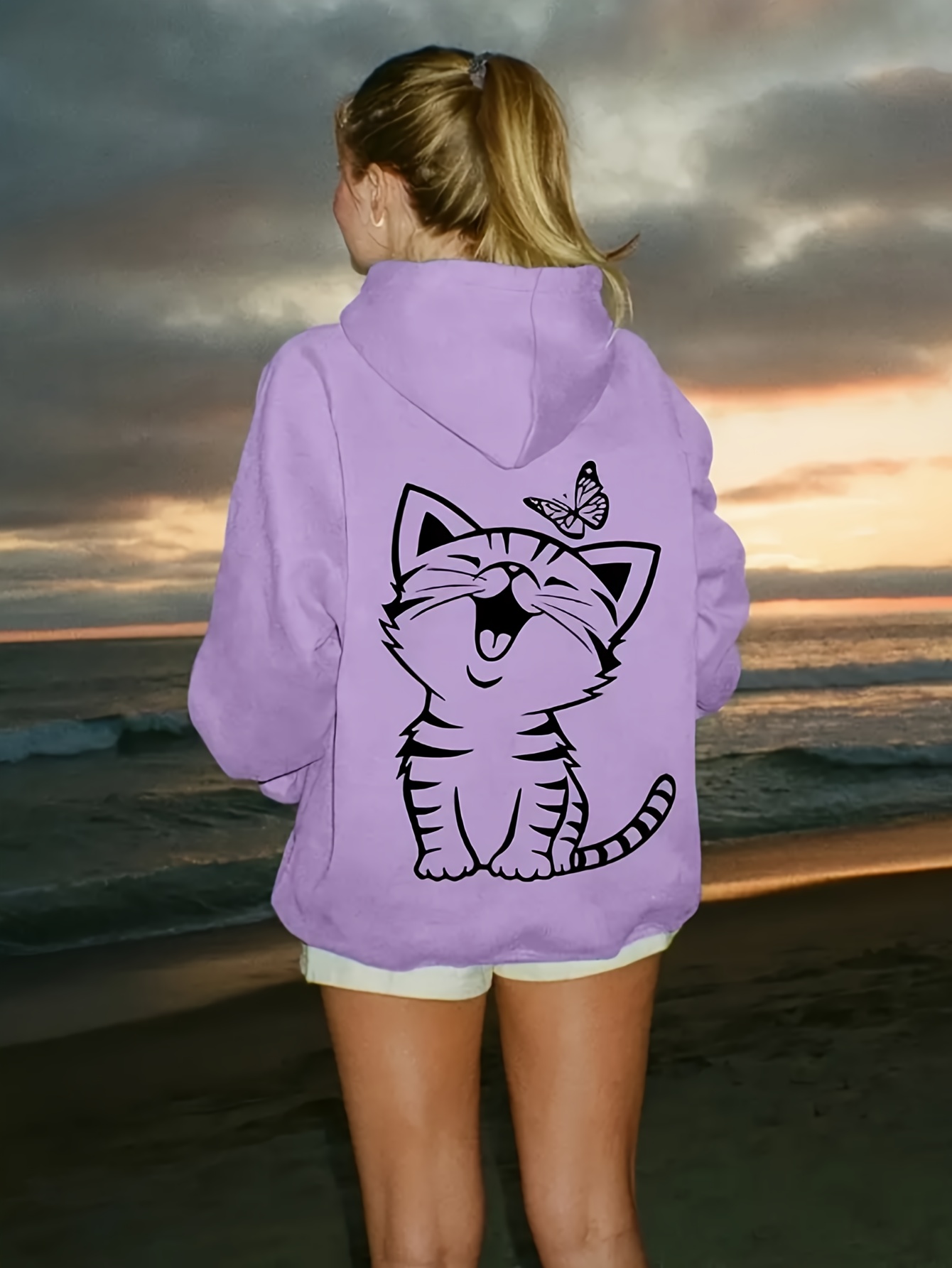 felpa cappuccio casual donna a maniche lunghe stampa gatto Temu