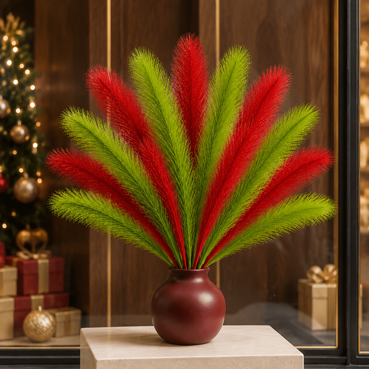 TEMU And Green Artificial Reed Bouquet, Soft Texture, Rich Layers, Suitable For Christmas Table Centerpiece, Vase Arrangement, Fireplace Decor,
