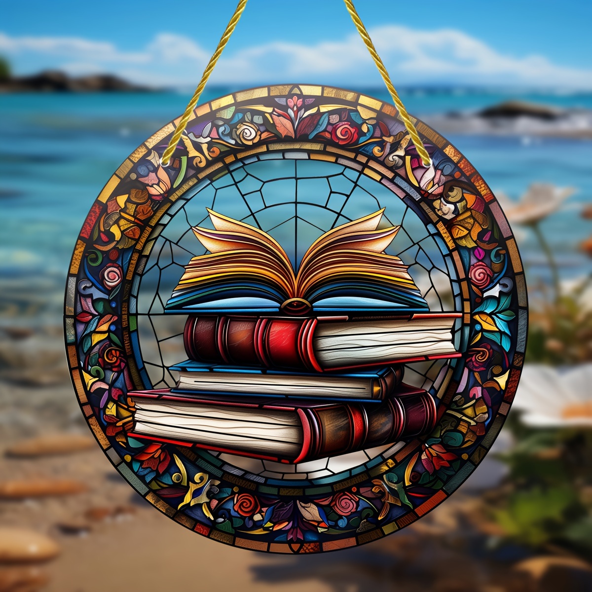 

Stacked Books Stained Glass-style Window Hanging - 8"x8" Round Acrylic Light Catcher For Home, Porch & Garden Decor - Perfect Gift For Book Lovers Book Decor Bookshelf Decorations