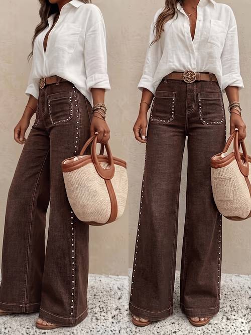 elementbilde dame button- wide-leg jeans, water-washed loose straight-leg jeans, button- high-waist tummy- casual trousers, street-style dameklær, komfortable denim stoff lange bukser egnet for alle årstider (belteløs)