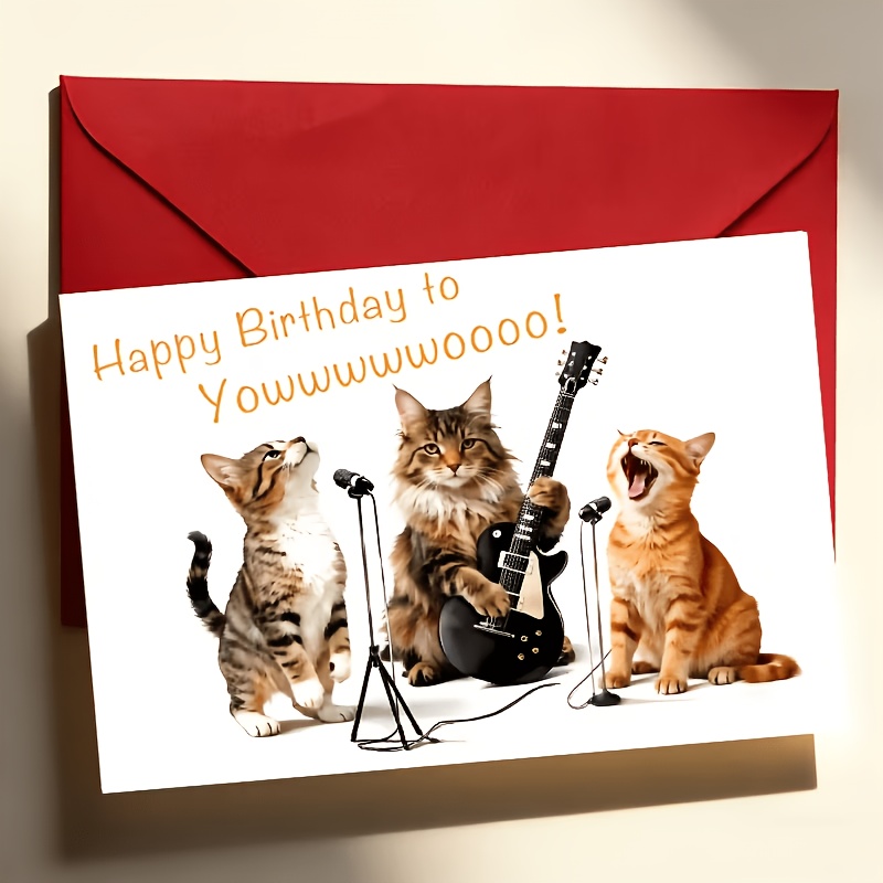 TEMU Carte d'anniversaire chat – Un cadeau pour des animaux et de la musique ! Cadeau d'anniversaire et décoration de chambre, imprimée avec " Joyeux