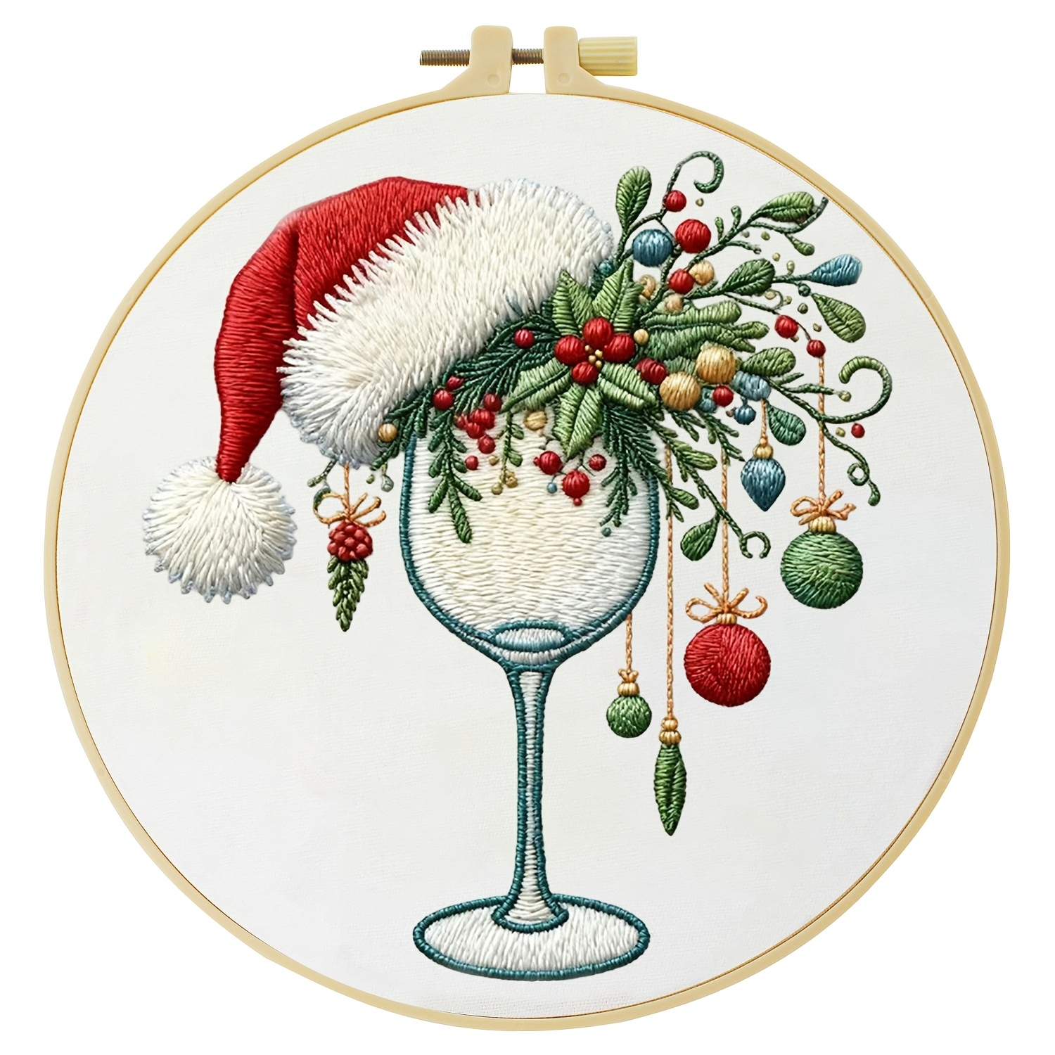 TEMU Embroidery Kit, 20x20cm/7.9x7.9 Inches, Christmas Wine Glass, Handmade Embroidery Kit, Suitable For Adult Beginners, Includes Embroidery Fabric,