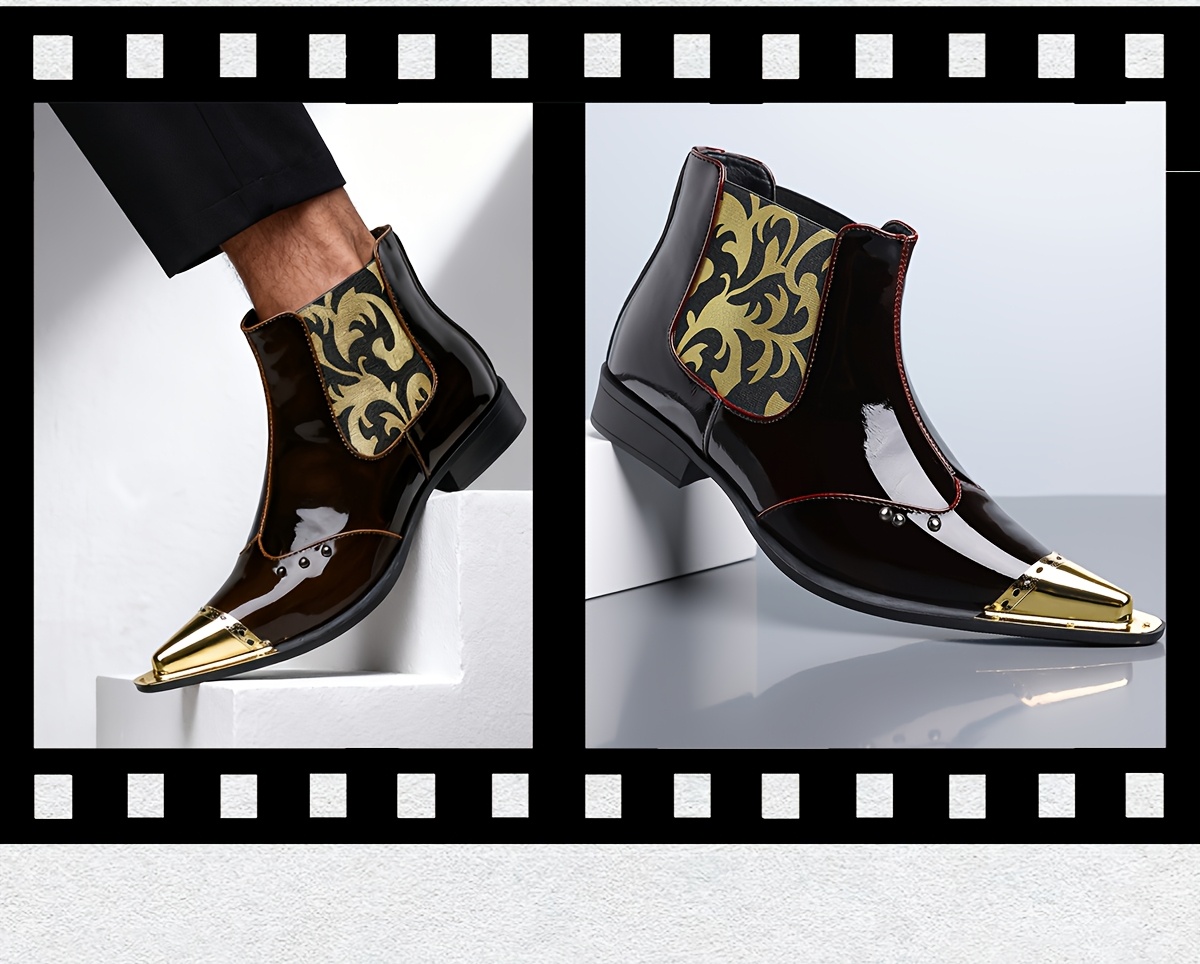 QRLQRL Men's Glossy Black/Golden Cloud Pattern PU Short Boots - Elastic Closure Slip-On/Lace-Like Buckle, Golden-Tipped Toe & Heel, All-Season Dress Boots for Casual & Formal Wear (Shoe Maintenance-Free)