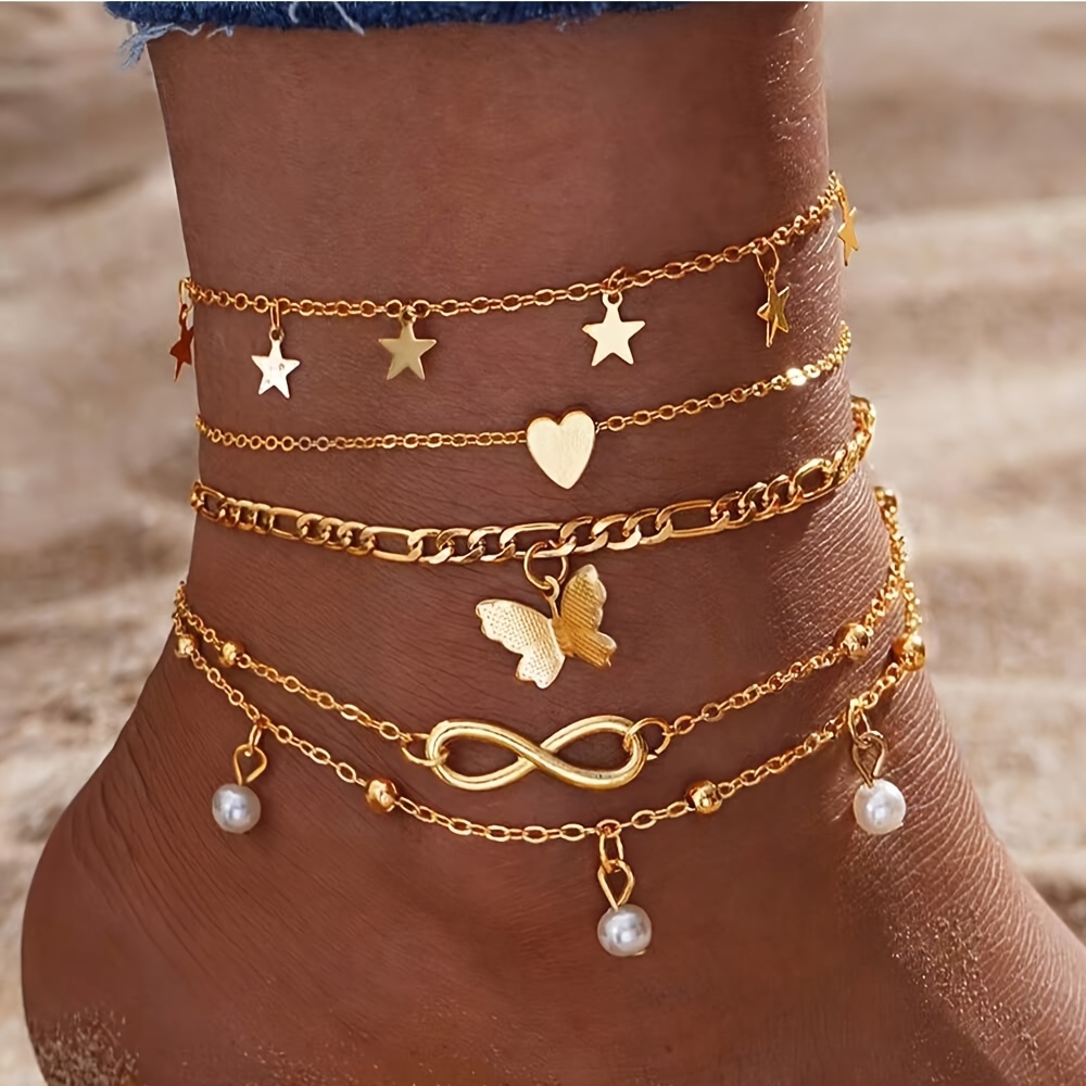 TEMU Elegant 5pcs Anklet Set - Bohemian Style Tassel Chain With , Star, And Heart Charms For Women, Alloy Foot Jewelry For Beach And , Suitable For All