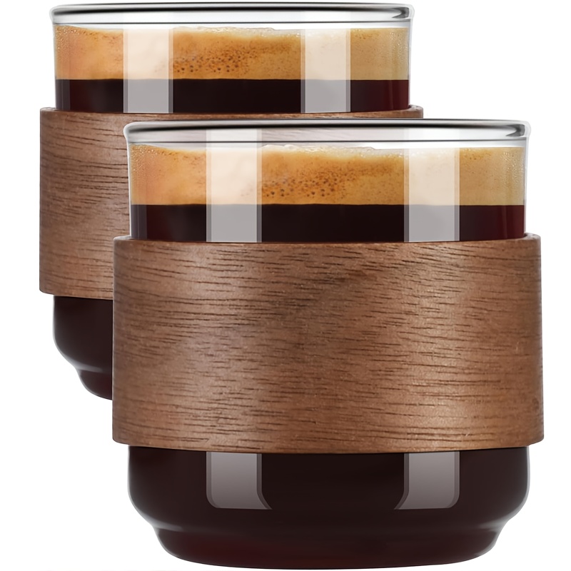 E-shop Set aus 2 Glas-Kaffeetassen mit wärmeisolierenden Holzringen, isolierte Kaffeebecher für Zuhause Büro, Espresso-, Tee- Latte-Tassen, Zubehör für