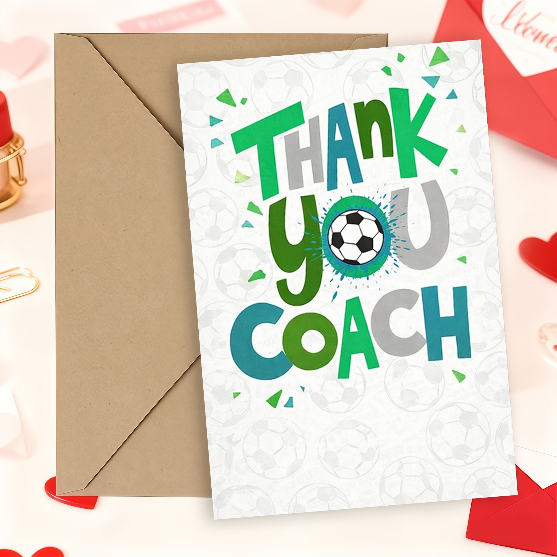 TEMU Base With Dark-pattern Soccer Ball, Geometric Three-color Block Soccer Thank-you Card, Green-gray-blue Contrasting Letters, Simple And Stylish