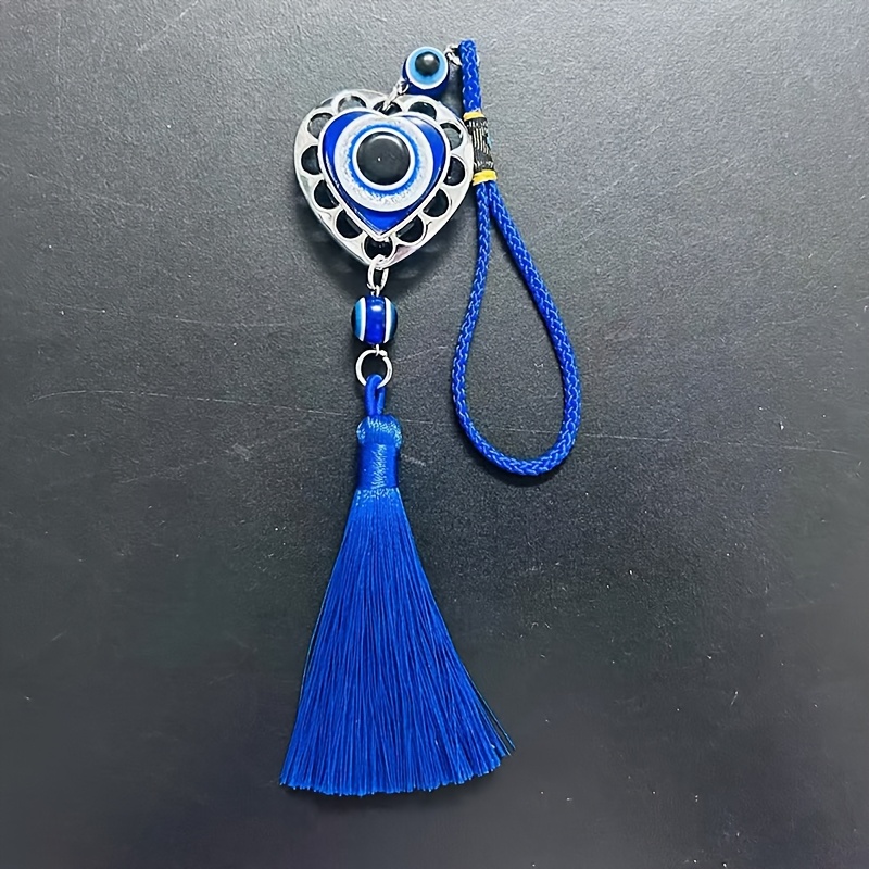 Blue Evil Eye Metal Charm Pendant With Tassels - Protective Decor For Car, Home, Backpack & Wall - Durable Gift For Holidays, Birthdays, Parties