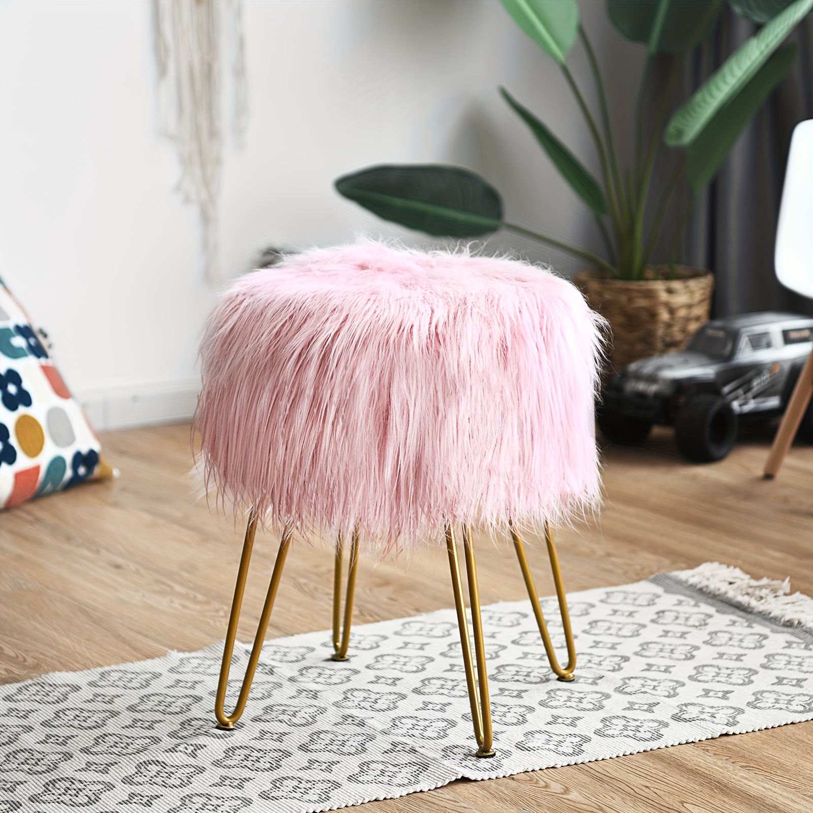 1pc Luxurious Faux Fur Vanity Chair - Wooden Round Ottoman With Padded Seat, Golden Finished Legs, Chic Makeup Stool For Bedroom Decor