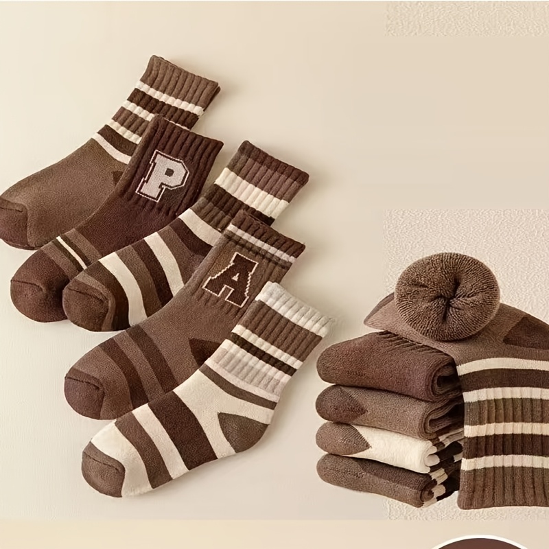 6-pair Boys' And Girls' Trendy Thermal Terrycloth Thickened Striped Mid-calf Socks, Colors Random