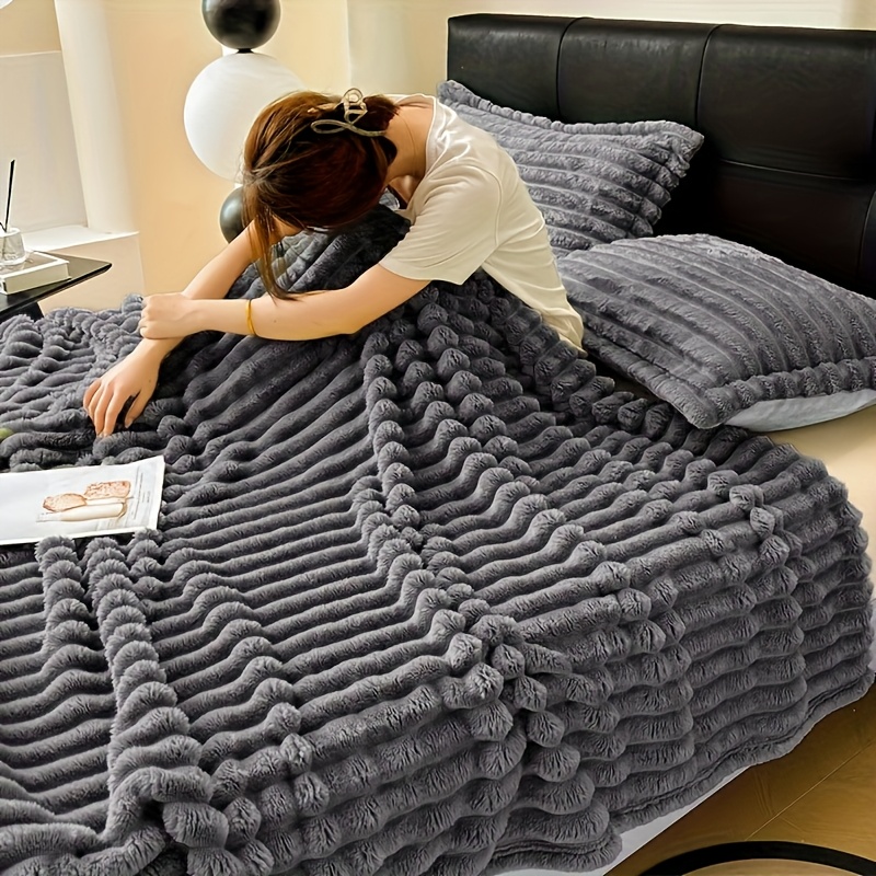 1pc contemporary   plush double layer throw blanket   polyester 250 300gsm machine washable   soft warm for couch bed   ideal for air conditioning   christmas gift idea details 5