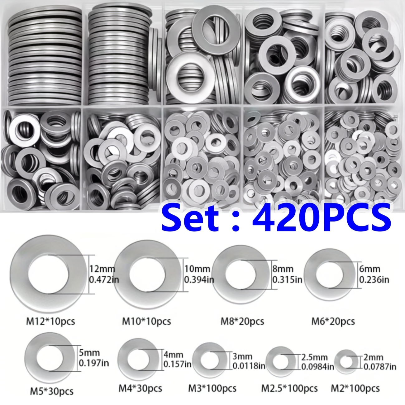 TEMU Assortment Kit Of 420 Washers In Sizes (m2-m12) | Durable Polished End, Includes A Storage Box | Perfect For Home Decoration, Kitchen Fixes,
