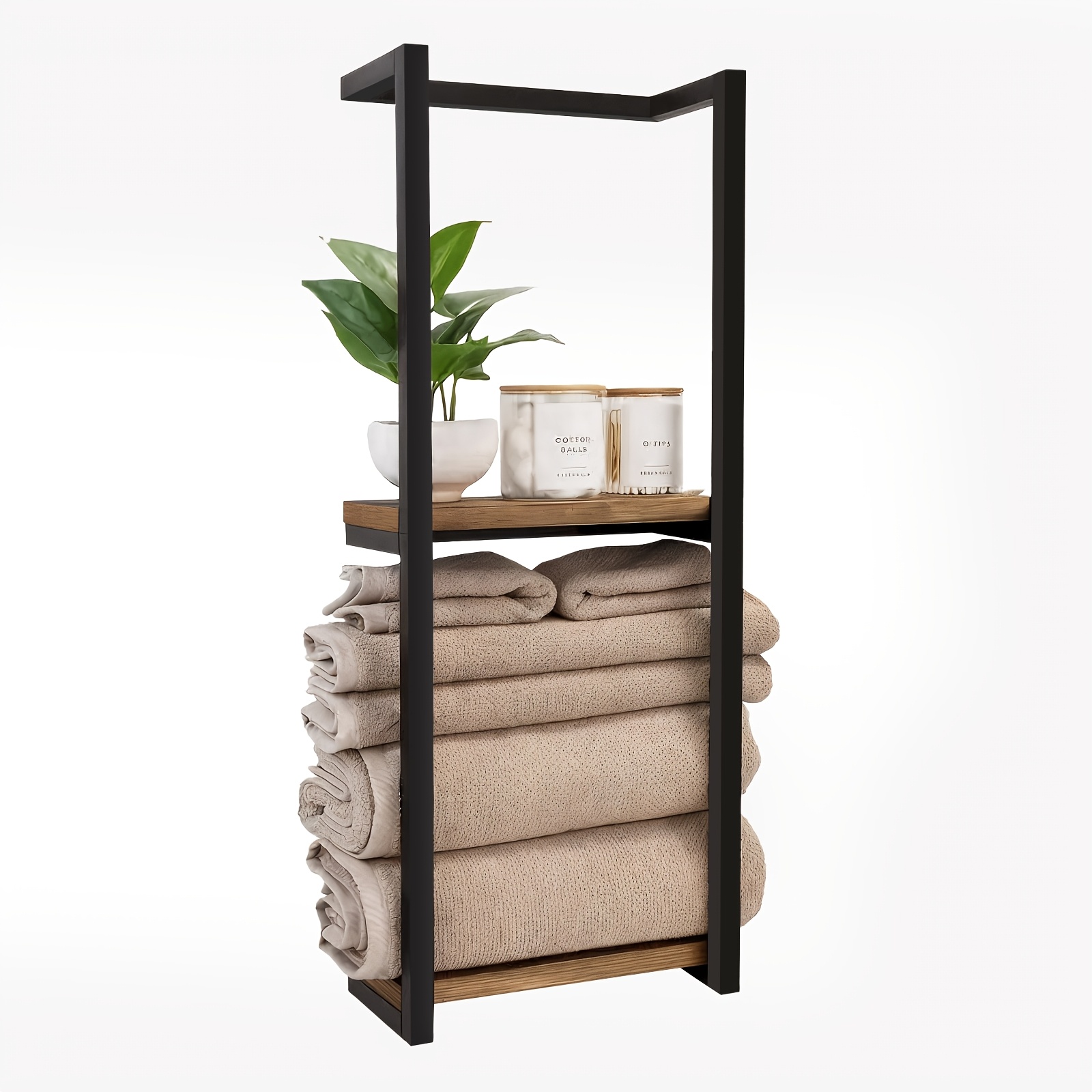 TEMU Étagère de rangement murale pour salle de bain de style designer, robuste, en acier et bois, support pour serviettes et articles de toilette,
