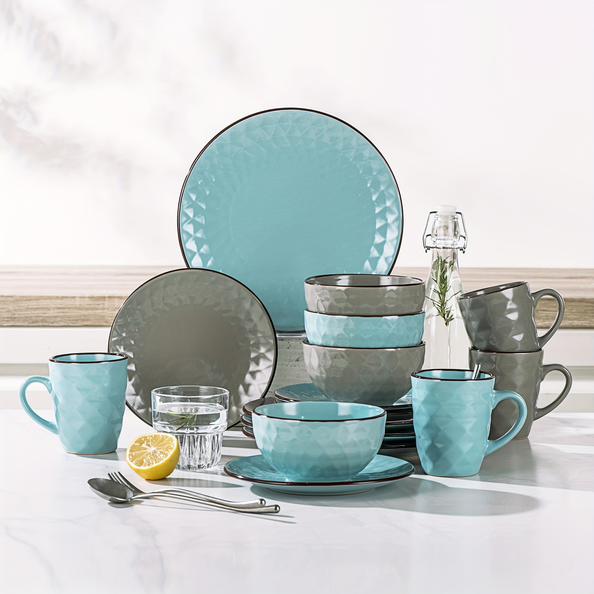 Embossed Dinner Set - 16pcs Dinnerware Set With Dinner Plate, Dessert Plate, Cereal Bowl And Mug, Blue And Grey Dinner Service For 4, Contemporary Style
