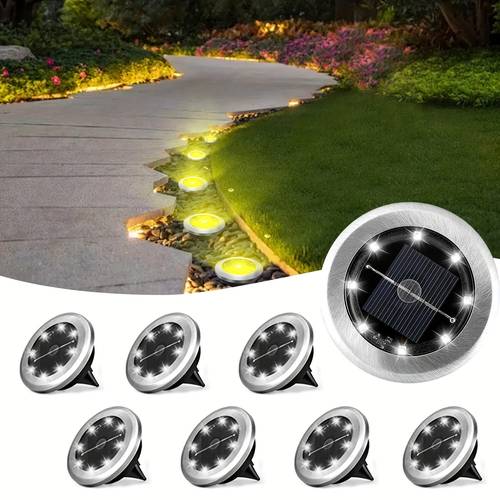 8 12pcs solar ground spotlight geo lights stainless steel warm outdoor landscape lights 8led rotating disc lights garden lawn lighting floor lamp ground light pathway yard walkway patio lawn