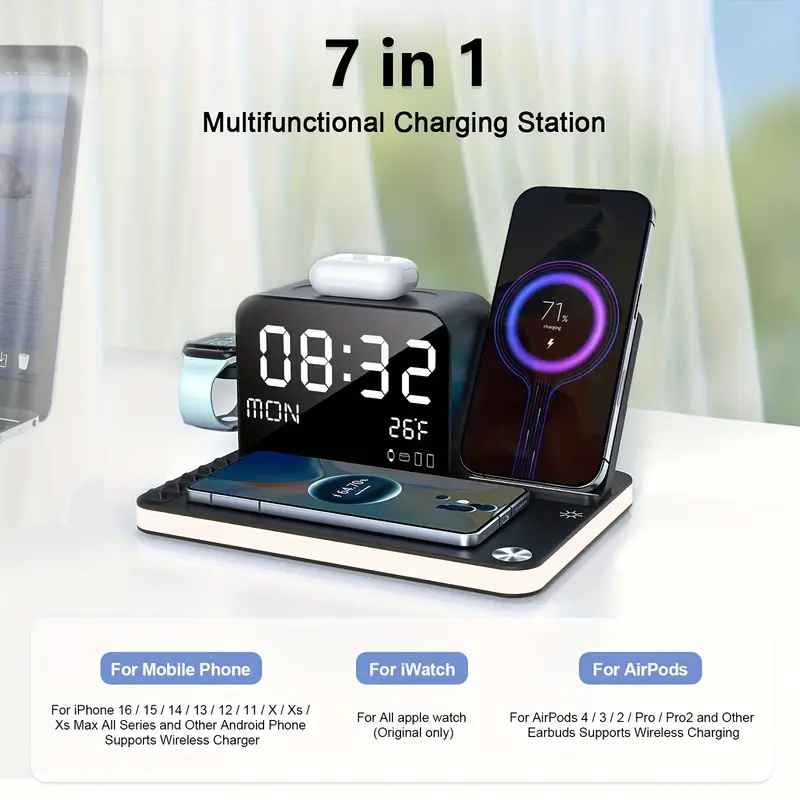 7in 1 dual phone wireless charging station with night light phone holder phone time week temperature display 30w adapter for iphone and iwatch fast charging dock with wired output details 2