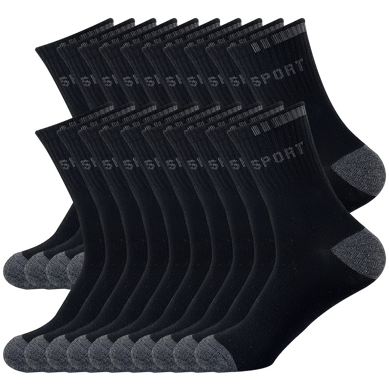 

20pcs Men's Athletic Crew Socks - Breathable Polyester Blend, Moisture-wicking, Odor-resistant, Black With "sport" Textured Design, Sports & Casual Wear