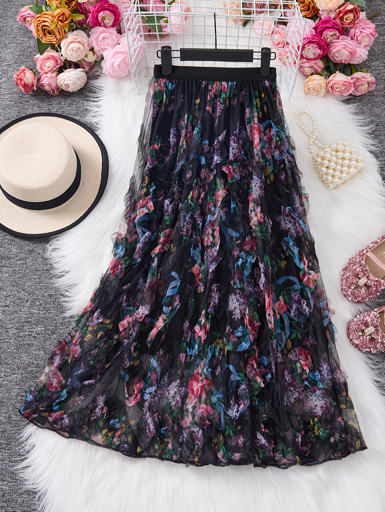 French Vintage-Inspired Floral Tulle Tutu Skirt for Girls Pink Layered  Mesh Overlay with Print, Long Length Wear,