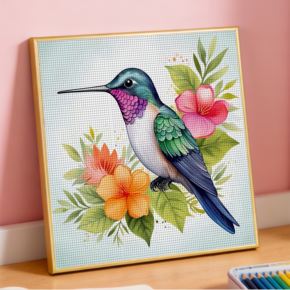 Frameless Cross-Stitch Printed Kit Colorful Feathered Bird with Flowers
